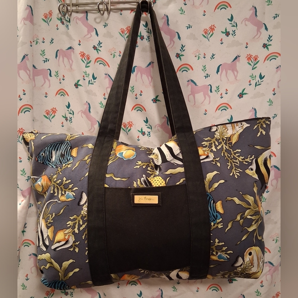 EUC Jim Thompson Navy Silk Tropical Fish Coral Reef Casual Travel Tote Purse Bag